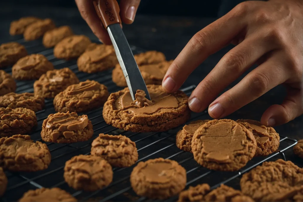 A close-up view of Biscoff cookies spread out on a table, with a jar of Biscoff spread in the background, inviting exploration of their unique flavors and uses