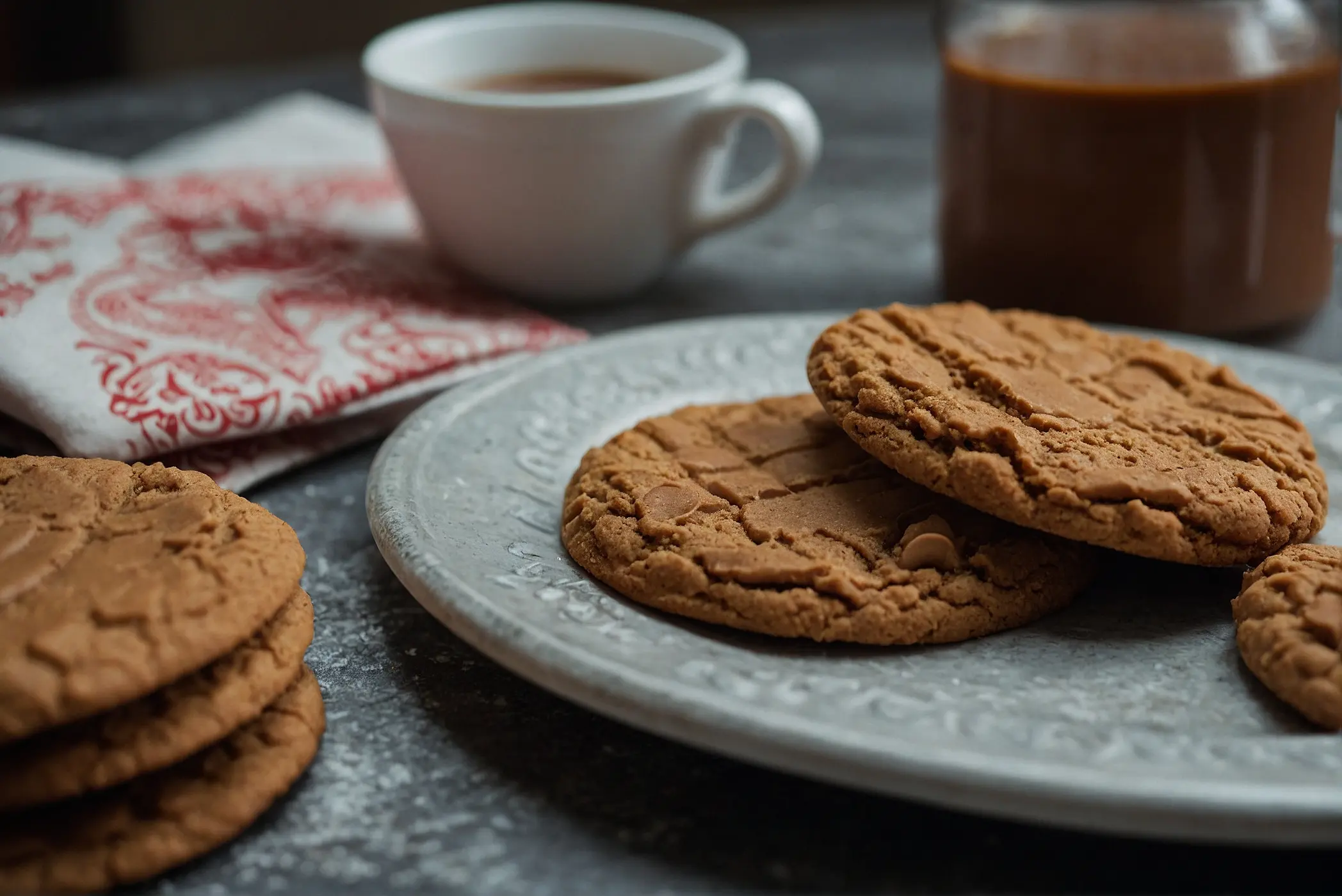 A close-up view of Biscoff cookies spread out on a table, with a jar of Biscoff spread in the background, inviting exploration of their unique flavors and uses