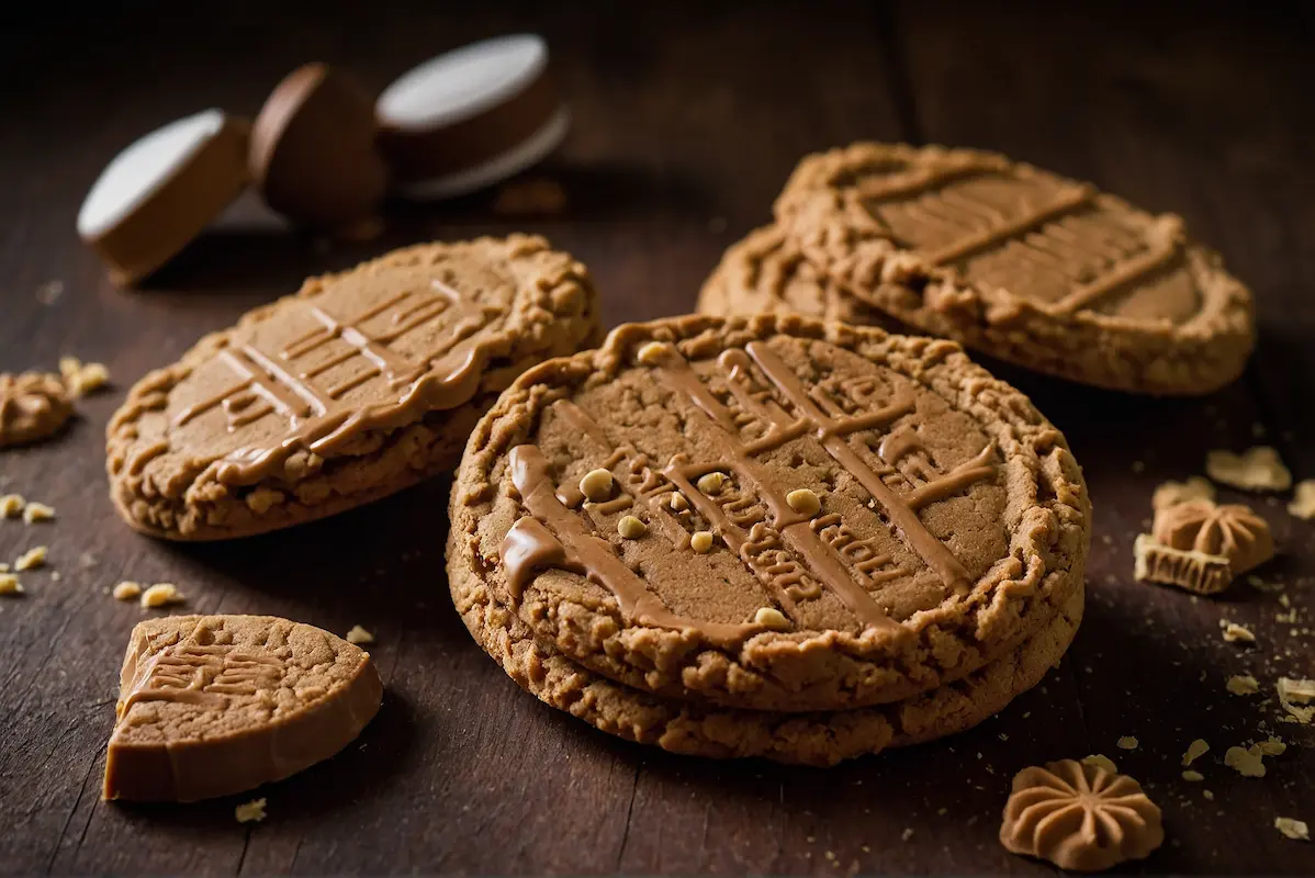 Biscoff cookies stacked with a cup of coffee, highlighting the unique caramelized texture and cinnamon aroma