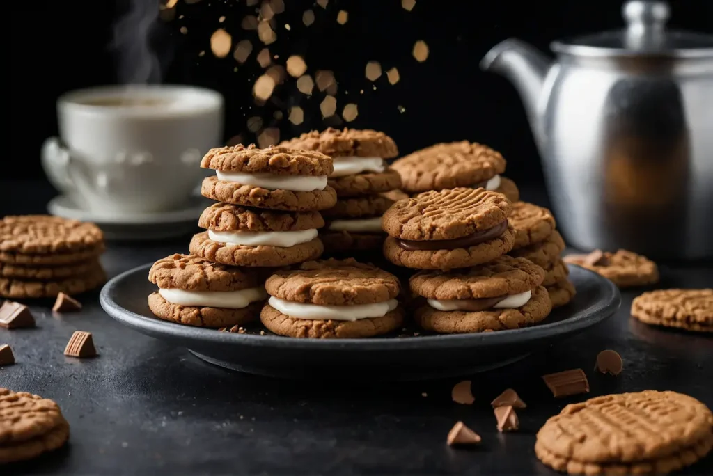 Biscoff cookies stacked with a cup of coffee, highlighting the unique caramelized texture and cinnamon aroma