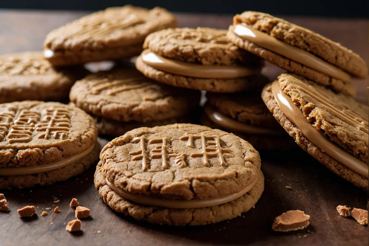 Biscoff cookies stacked with a cup of coffee, highlighting the unique caramelized texture and cinnamon aroma