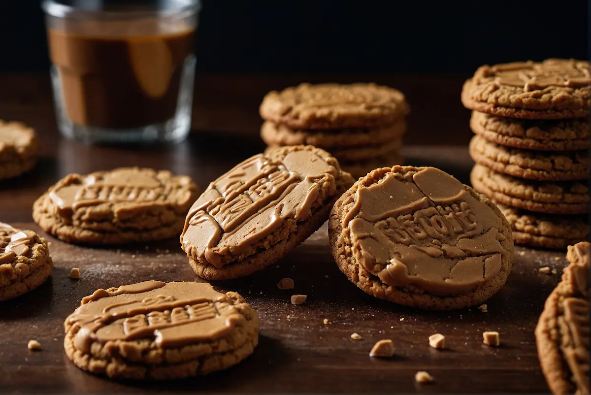 Biscoff cookies stacked with a cup of coffee, highlighting the unique caramelized texture and cinnamon aroma