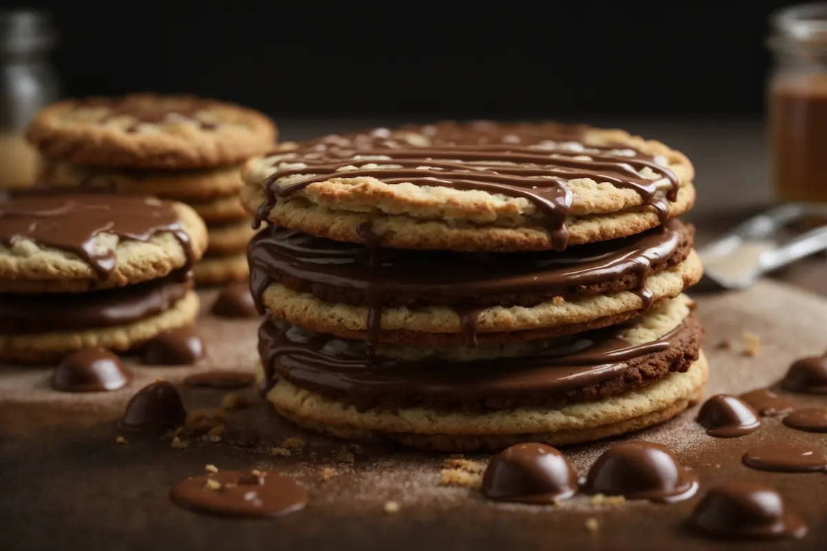 Stack of Nutella biscuits on a white plate with a jar of Nutella spread in the background, surrounded by hazelnuts