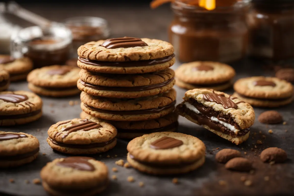 Stack of Nutella biscuits on a white plate with a jar of Nutella spread in the background, surrounded by hazelnuts