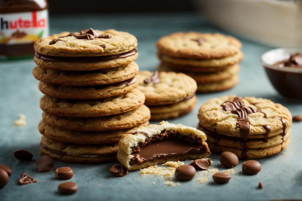 Stack of Nutella biscuits on a white plate with a jar of Nutella spread in the background, surrounded by hazelnuts