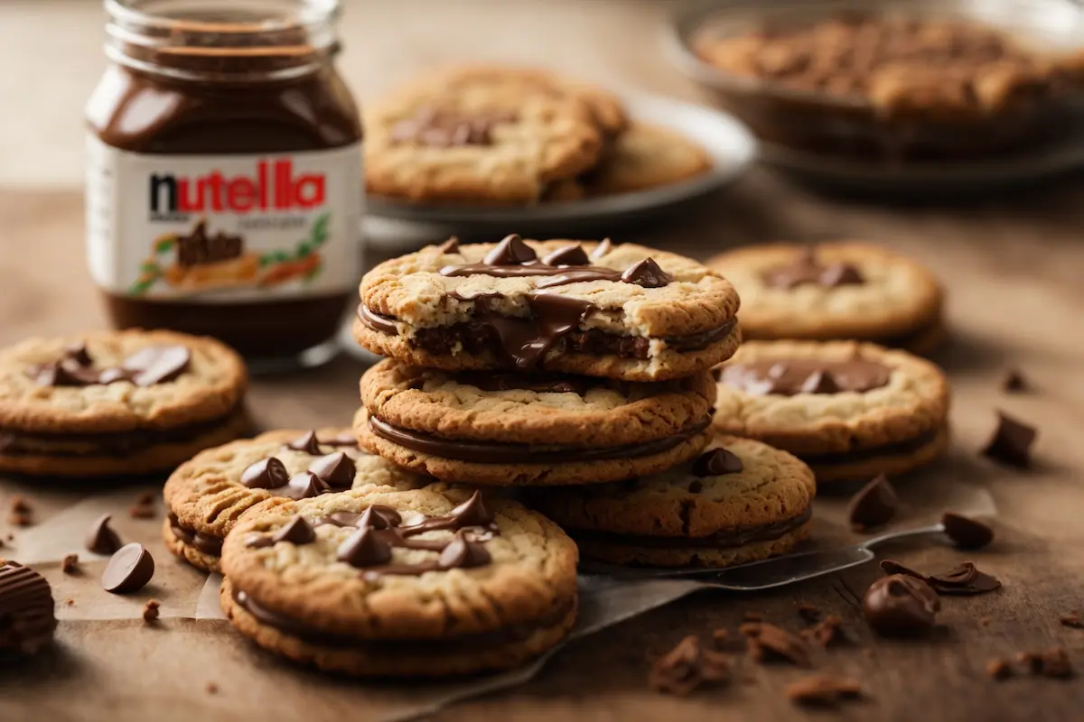 Stack of Nutella biscuits on a white plate with a jar of Nutella spread in the background, surrounded by hazelnuts