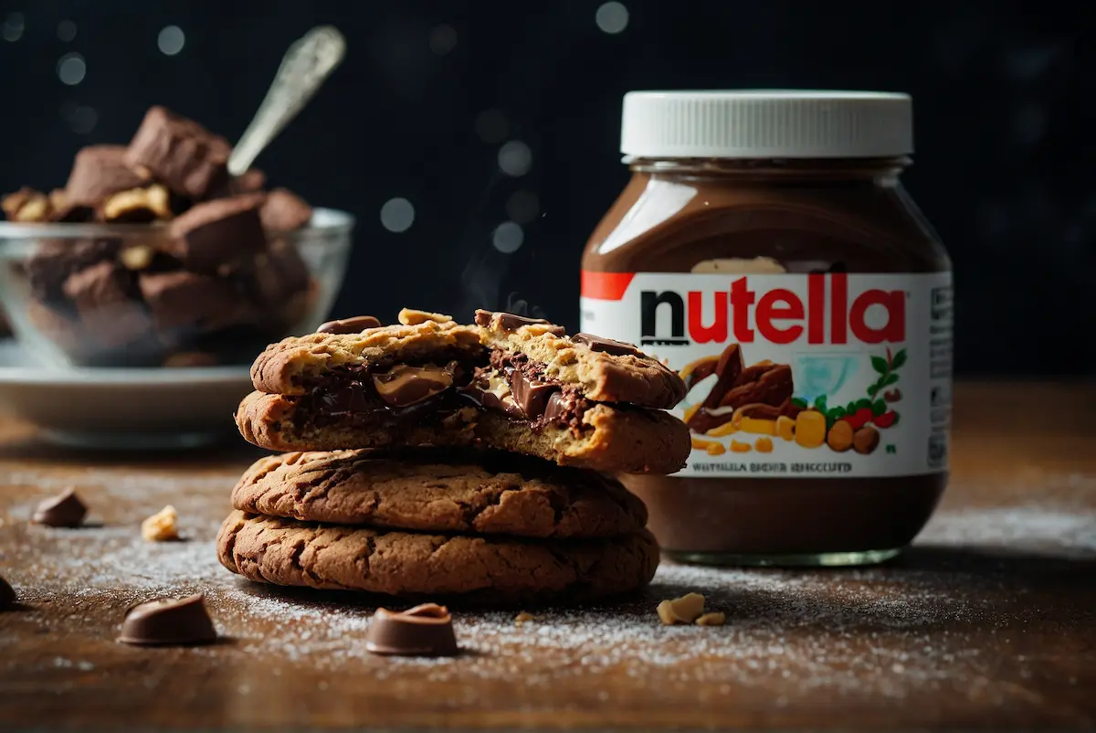 Freshly baked Nutella Biscuits on a cooling rack, with a jar of Nutella in the background