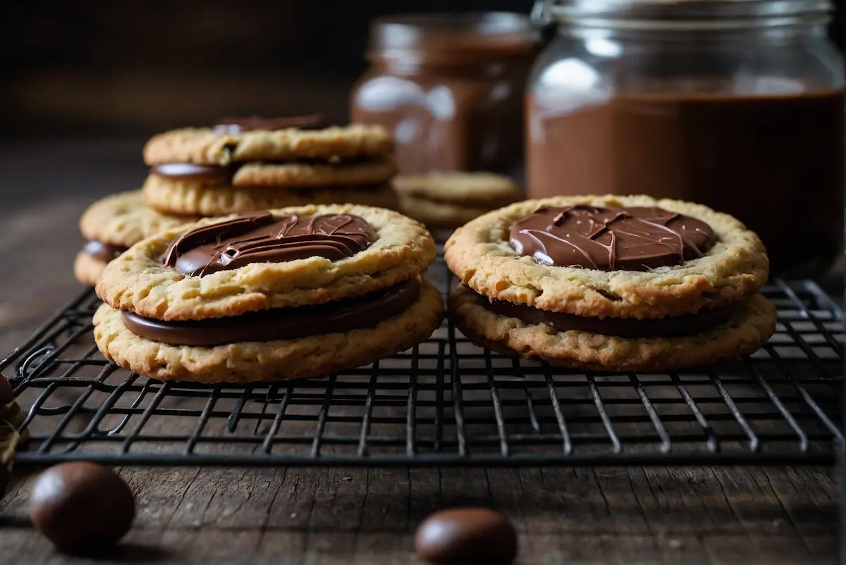 Freshly baked Nutella Biscuits on a cooling rack, with a jar of Nutella in the background