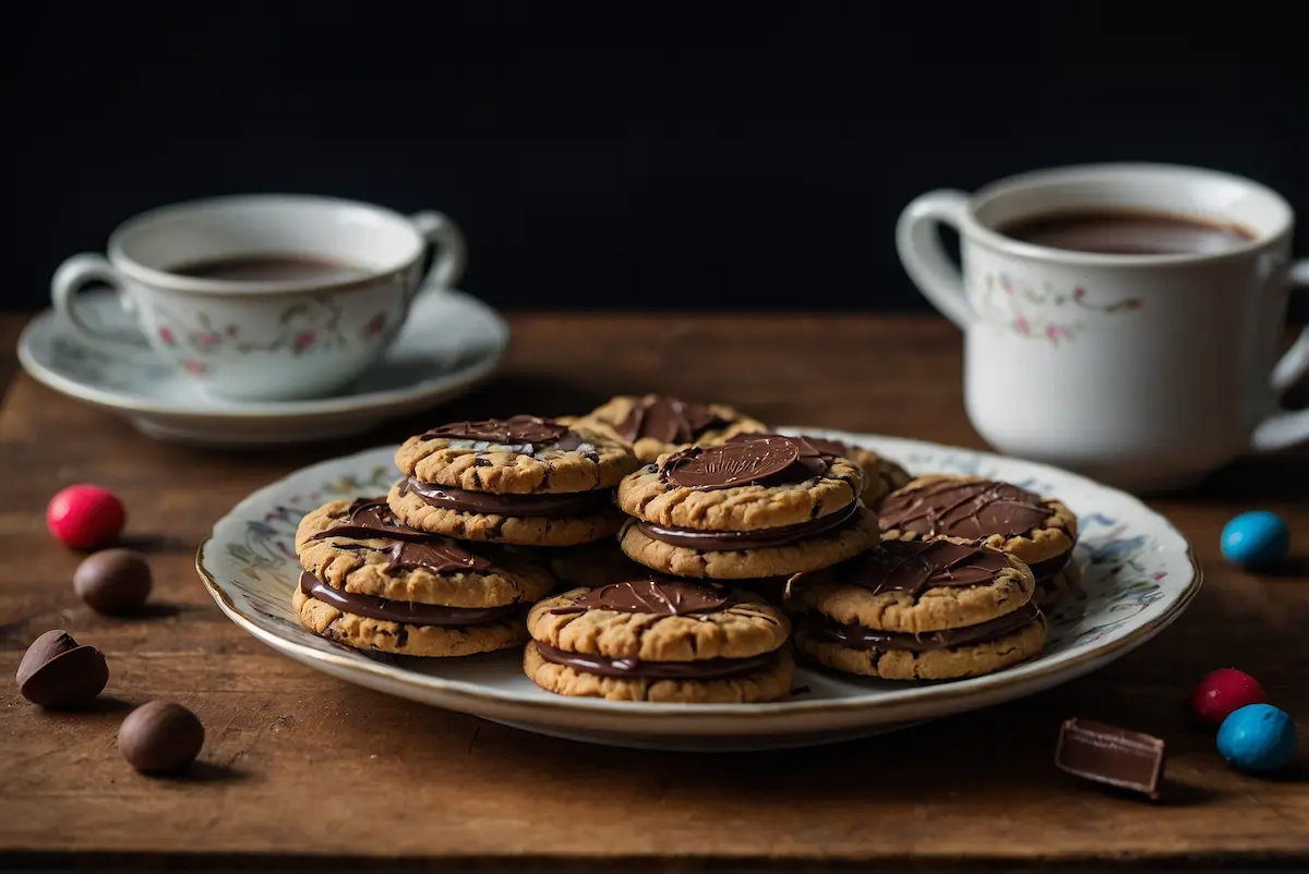 Freshly baked Nutella Biscuits on a cooling rack, with a jar of Nutella in the background